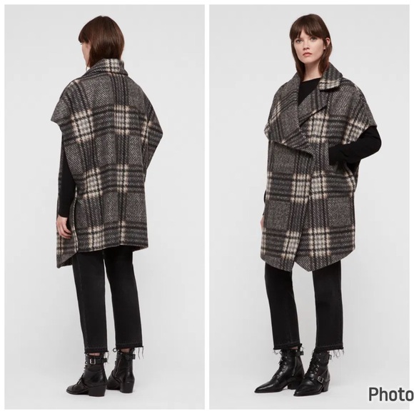 All Saints Jackets & Blazers - All Saints Wrenley Wool Blend Check Plaid Cape Vest Black Cream M & L Chunky‎